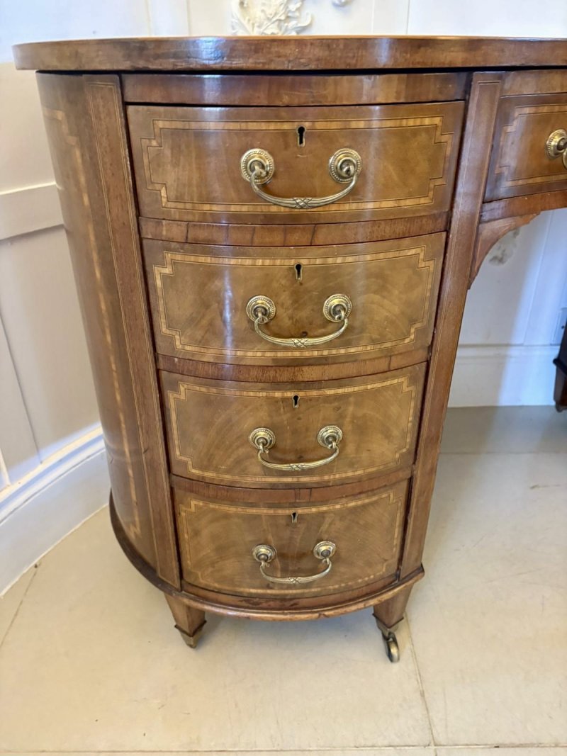 Large Antique Edwardian Quality Inlaid Mahogany Freestanding Kidney Shaped Desk - Image 9
